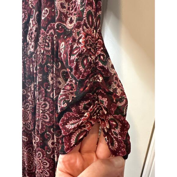 Cara Cara Burgundy Floral Print Tiered Midi Dress With Ruched Sleeves Size Large - Picture 7 of 9